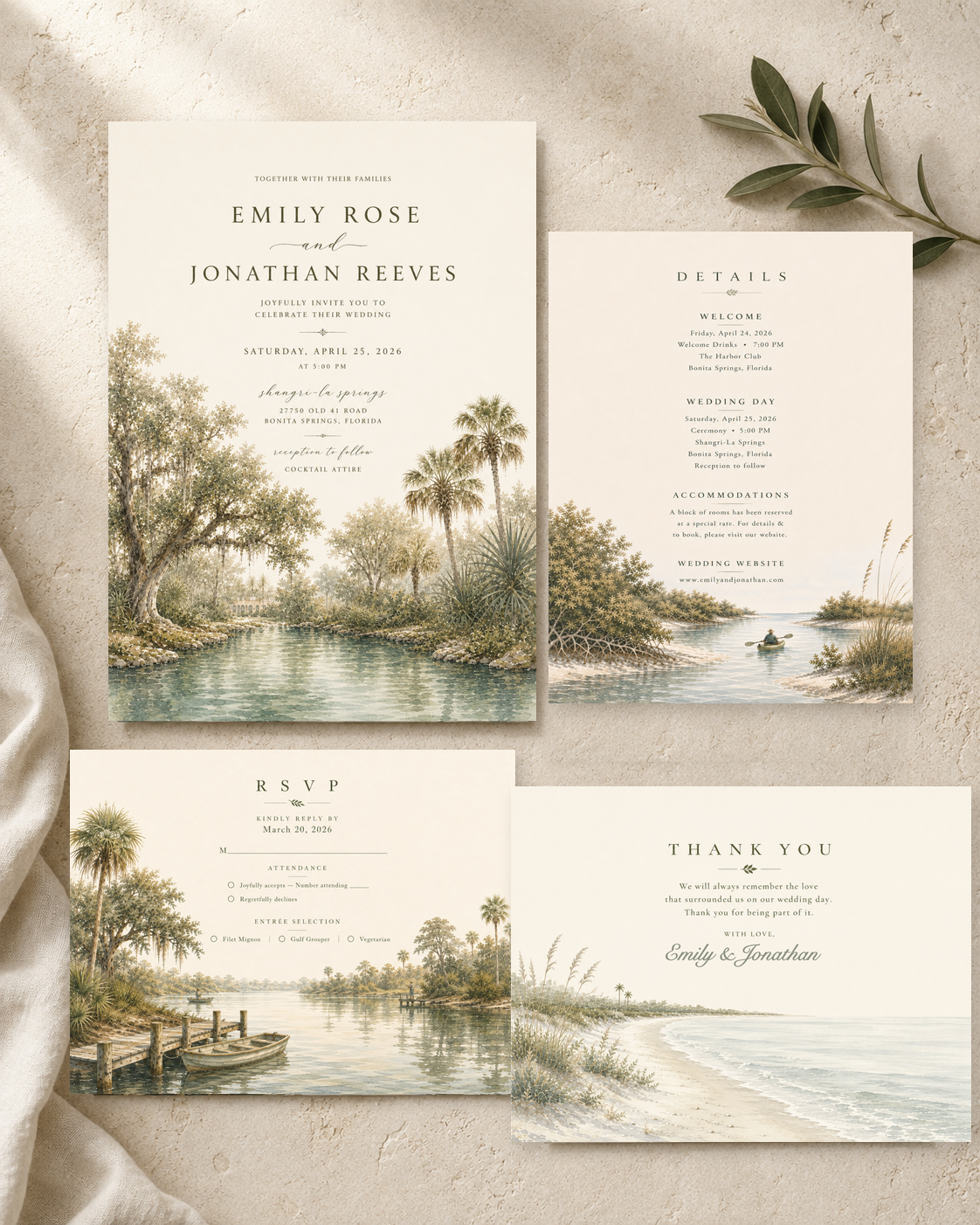 Bonita Springs watercolor wedding stationery suite by Flutter Society Customs