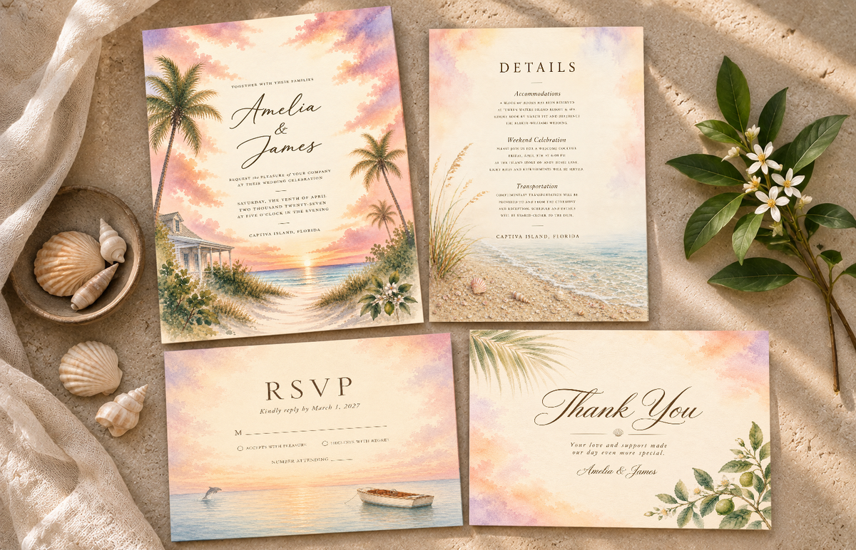 Captiva Island watercolor wedding stationery suite by Flutter Society Customs