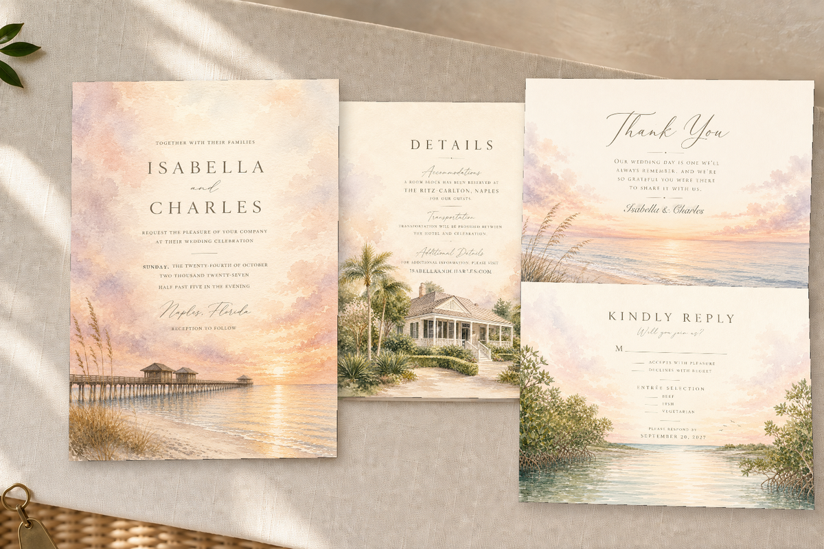 Naples watercolor wedding stationery suite by Flutter Society Customs