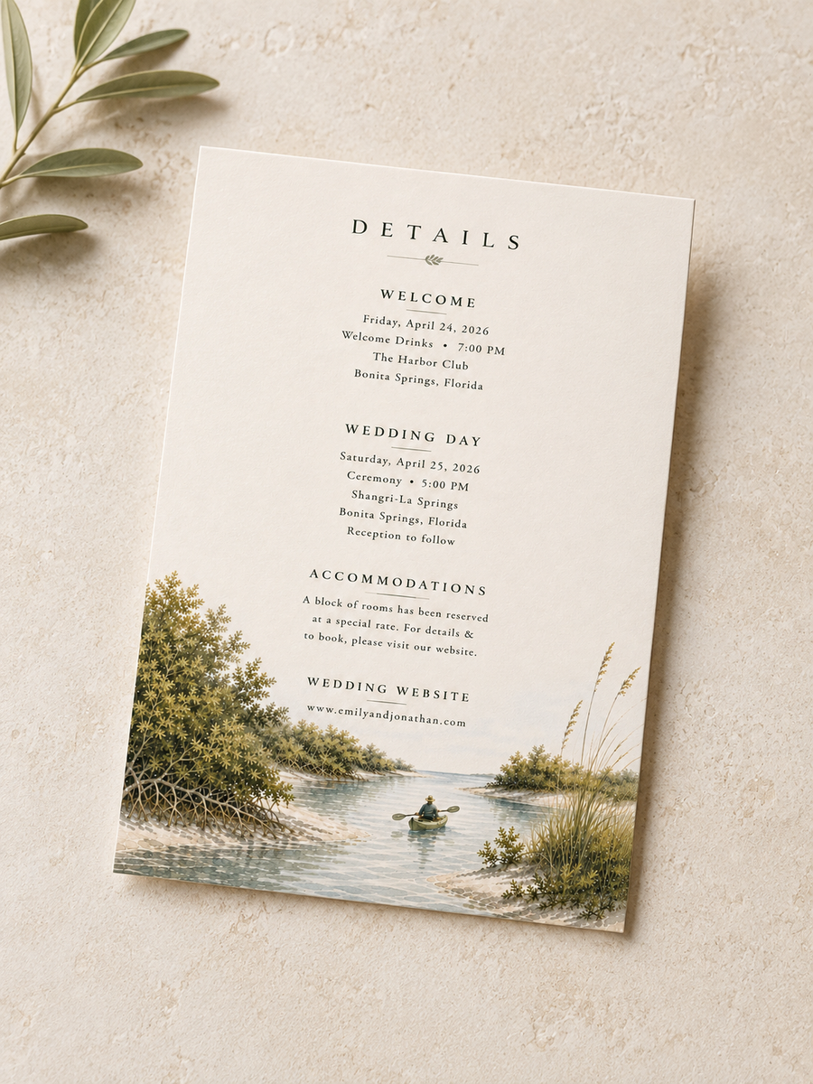 Bonita Springs watercolor wedding details card by Flutter Society Customs