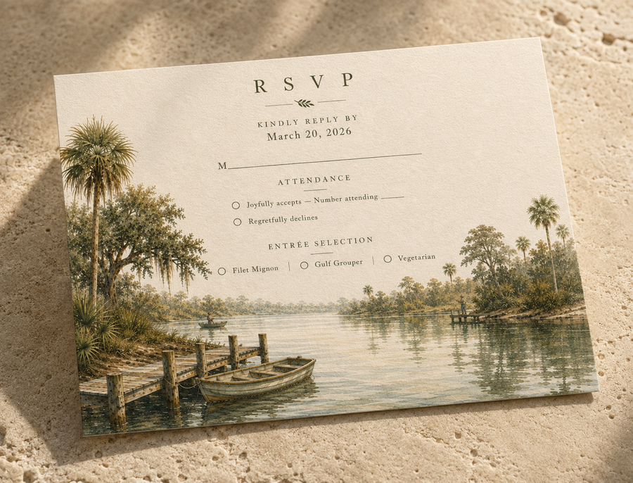Bonita Springs watercolor wedding RSVP card by Flutter Society Customs