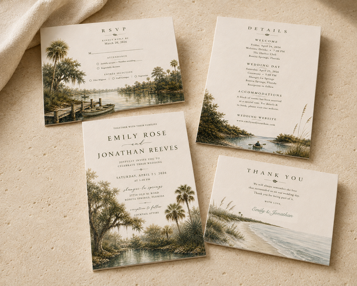 Bonita Springs dimensional watercolor wedding stationery suite by Flutter Society Customs