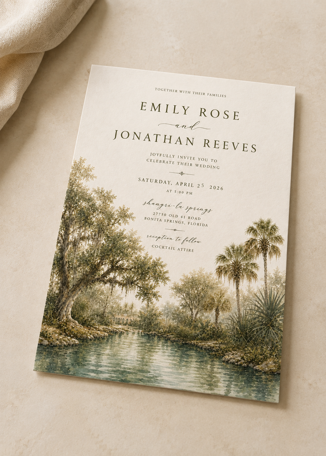 Bonita Springs watercolor wedding invitation by Flutter Society Customs