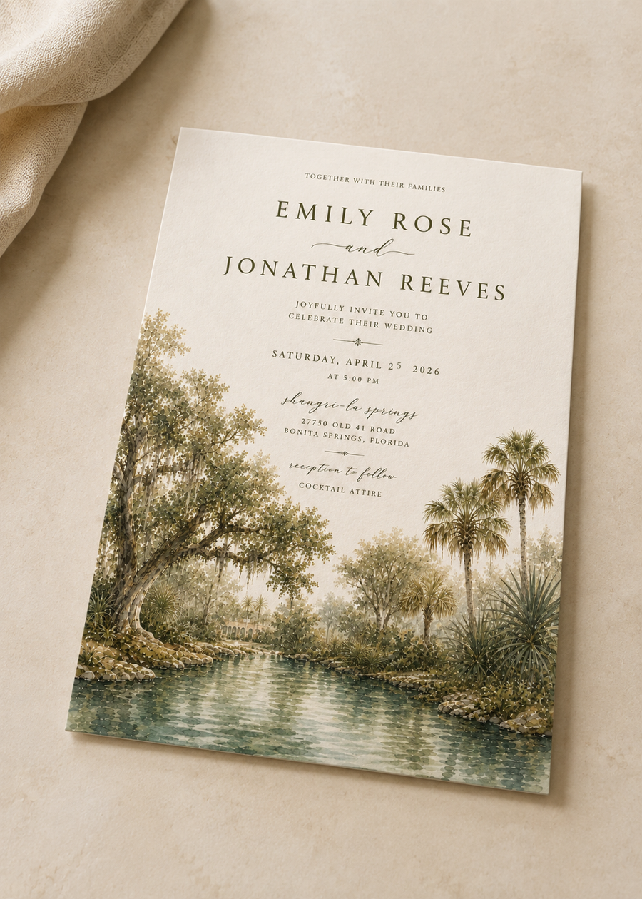 Bonita Springs watercolor wedding invitation by Flutter Society Customs