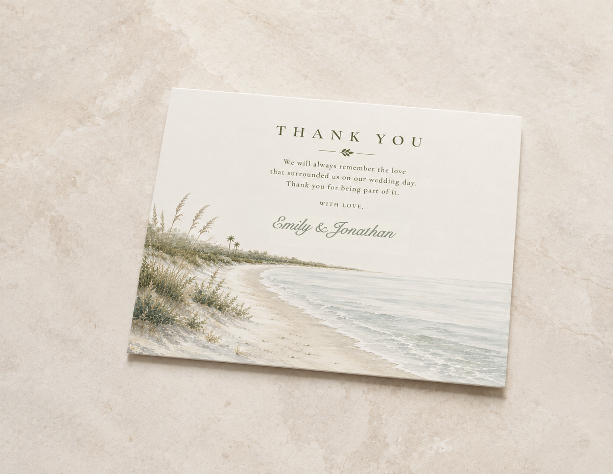 Bonita Springs watercolor wedding thank you card by Flutter Society Customs