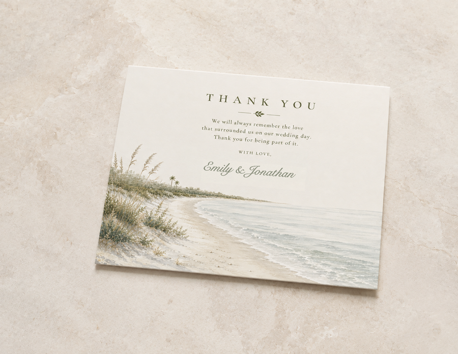 Bonita Springs watercolor wedding thank you card by Flutter Society Customs