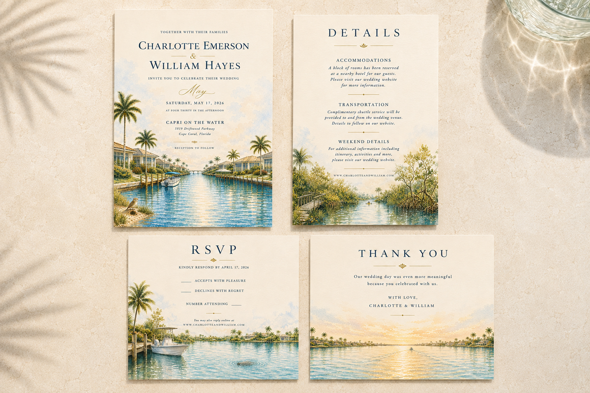 Cape Coral watercolor wedding stationery suite by Flutter Society Customs
