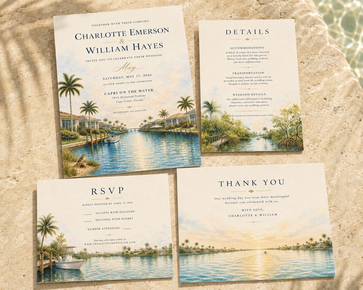 Cape Coral dimensional watercolor wedding stationery suite by Flutter Society Customs