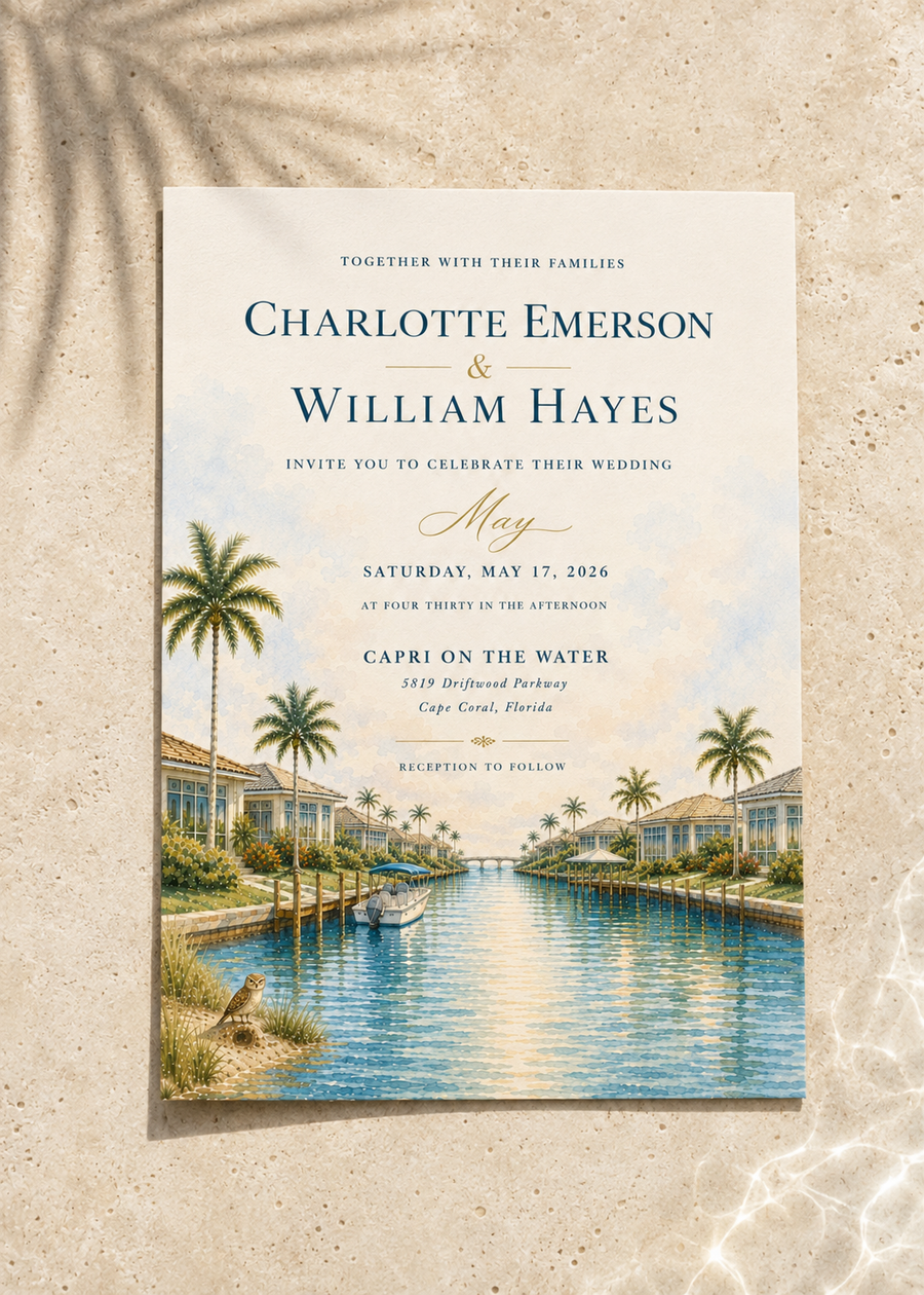 Cape Coral watercolor wedding invitation by Flutter Society Customs