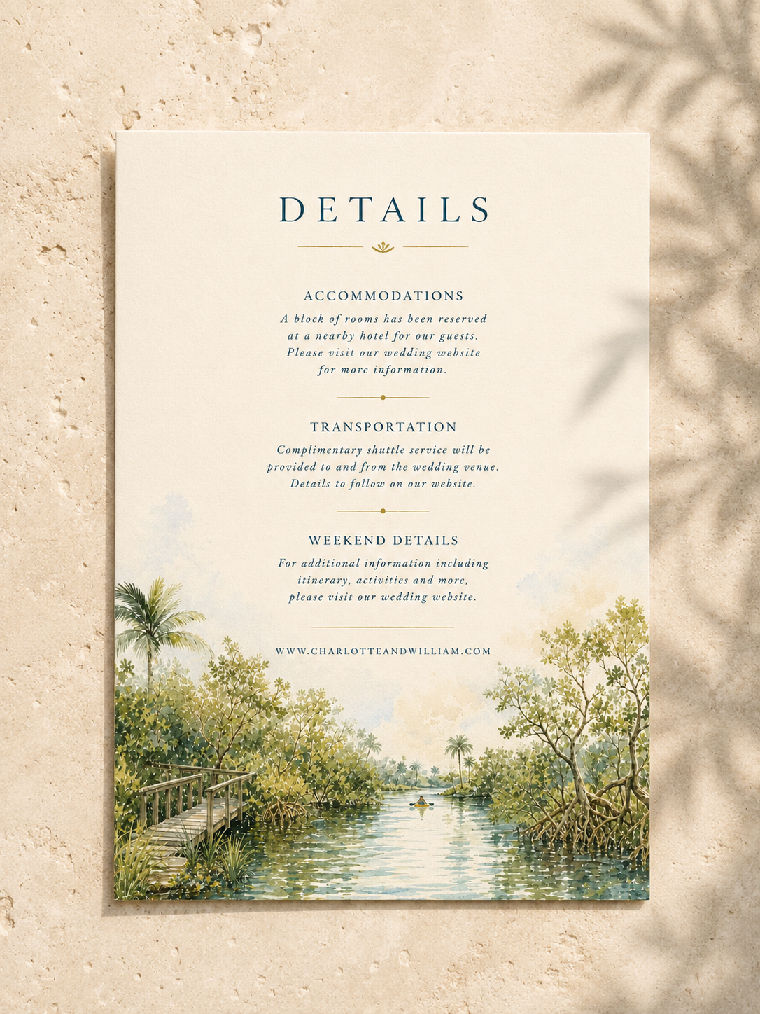 Cape Coral watercolor wedding details card by Flutter Society Customs