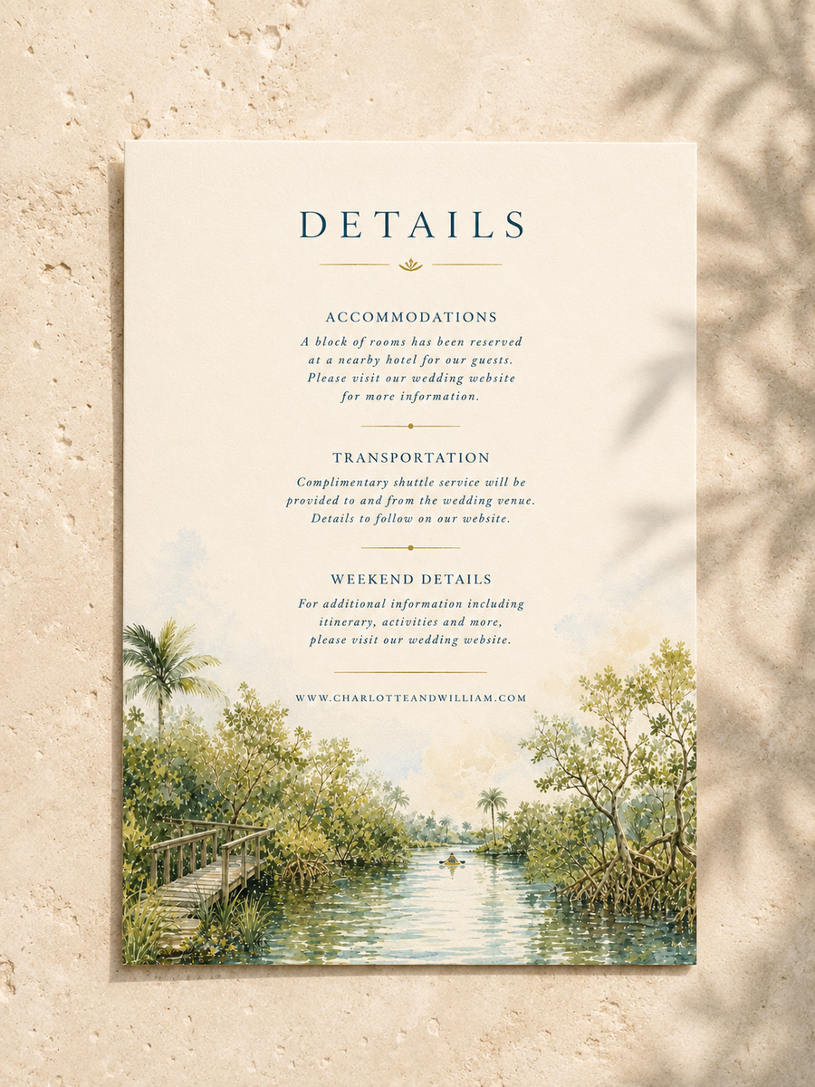 Cape Coral watercolor wedding details card by Flutter Society Customs