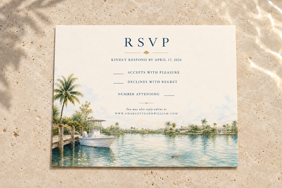 Cape Coral watercolor wedding RSVP card by Flutter Society Customs
