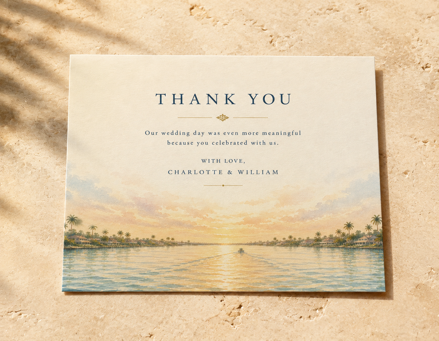 Cape Coral watercolor wedding thank you card by Flutter Society Customs