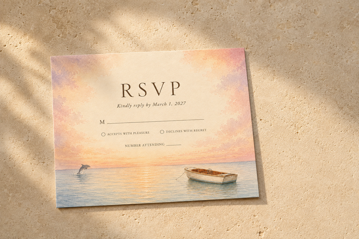 Captiva Island watercolor wedding RSVP card by Flutter Society Customs