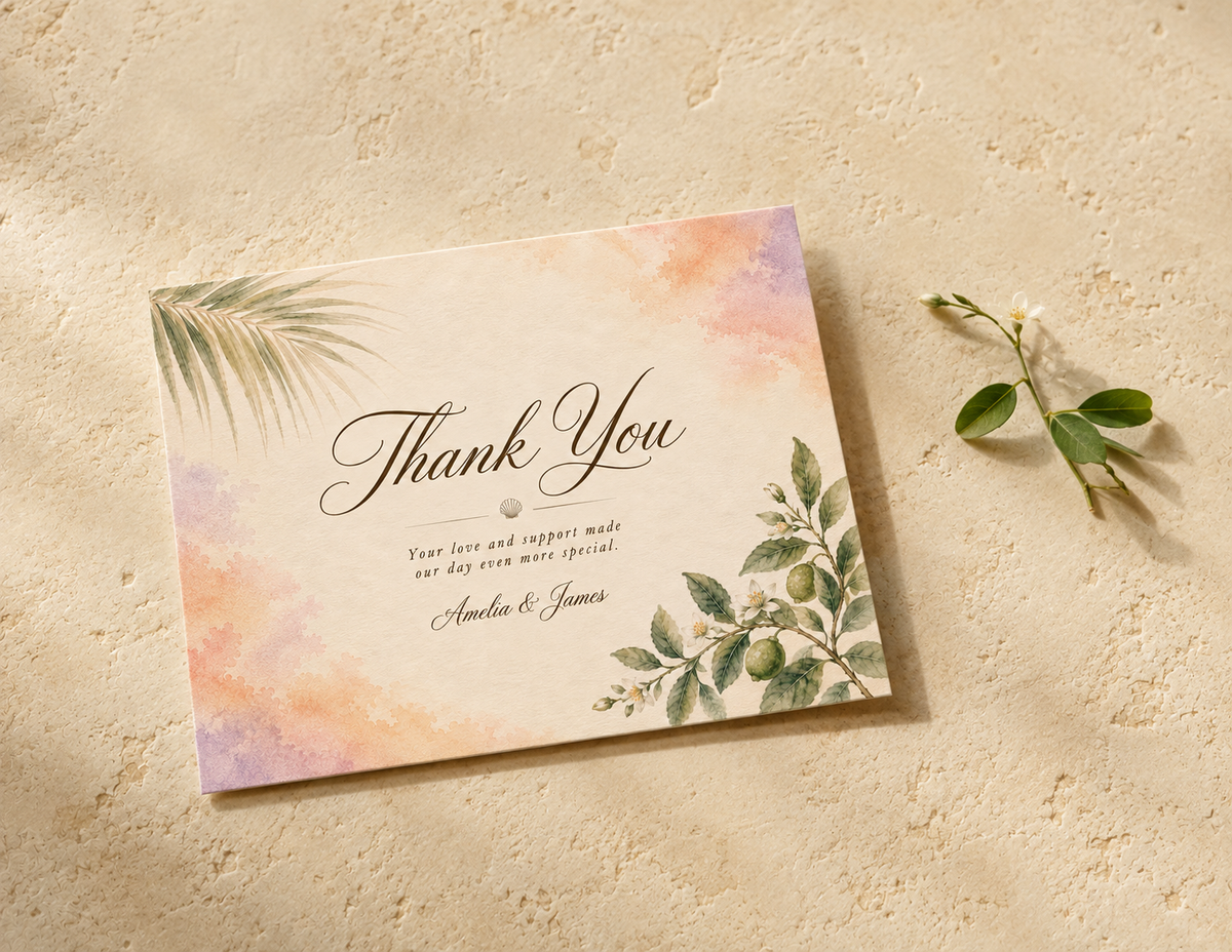 Captiva Island watercolor wedding thank you card by Flutter Society Customs