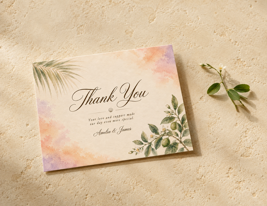 Captiva Island watercolor wedding thank you card by Flutter Society Customs