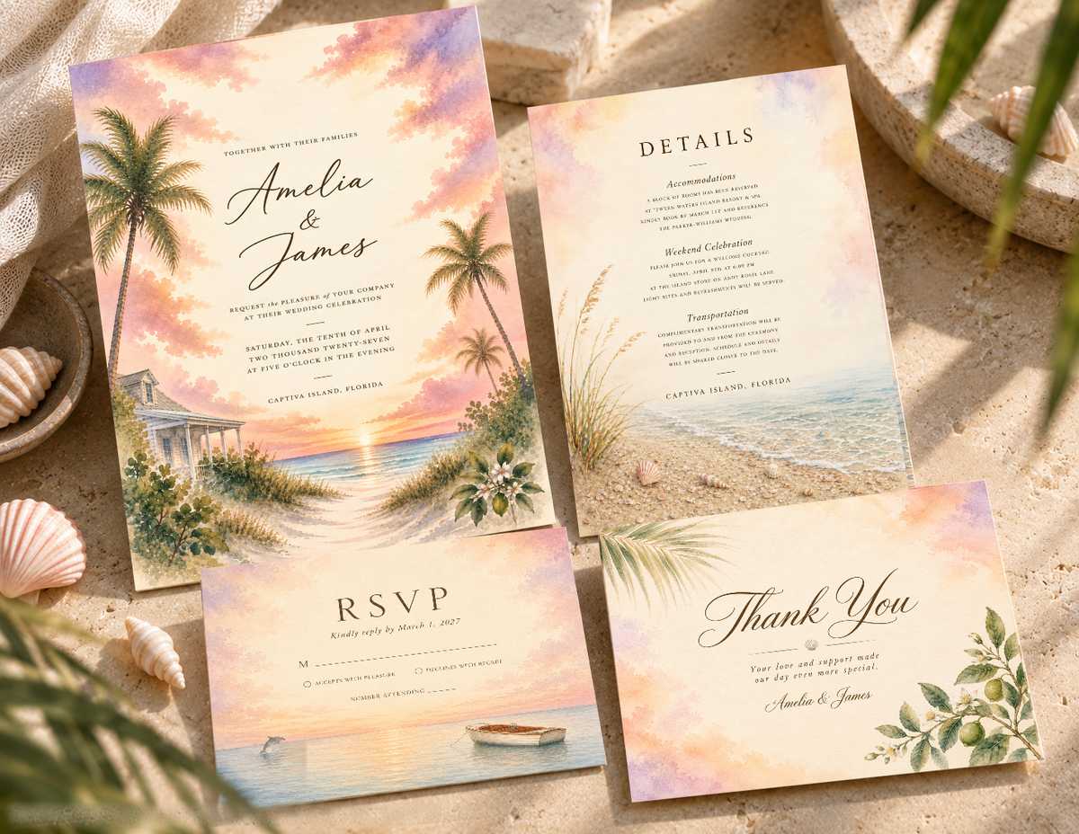 Captiva Island dimensional watercolor wedding stationery suite by Flutter Society Customs