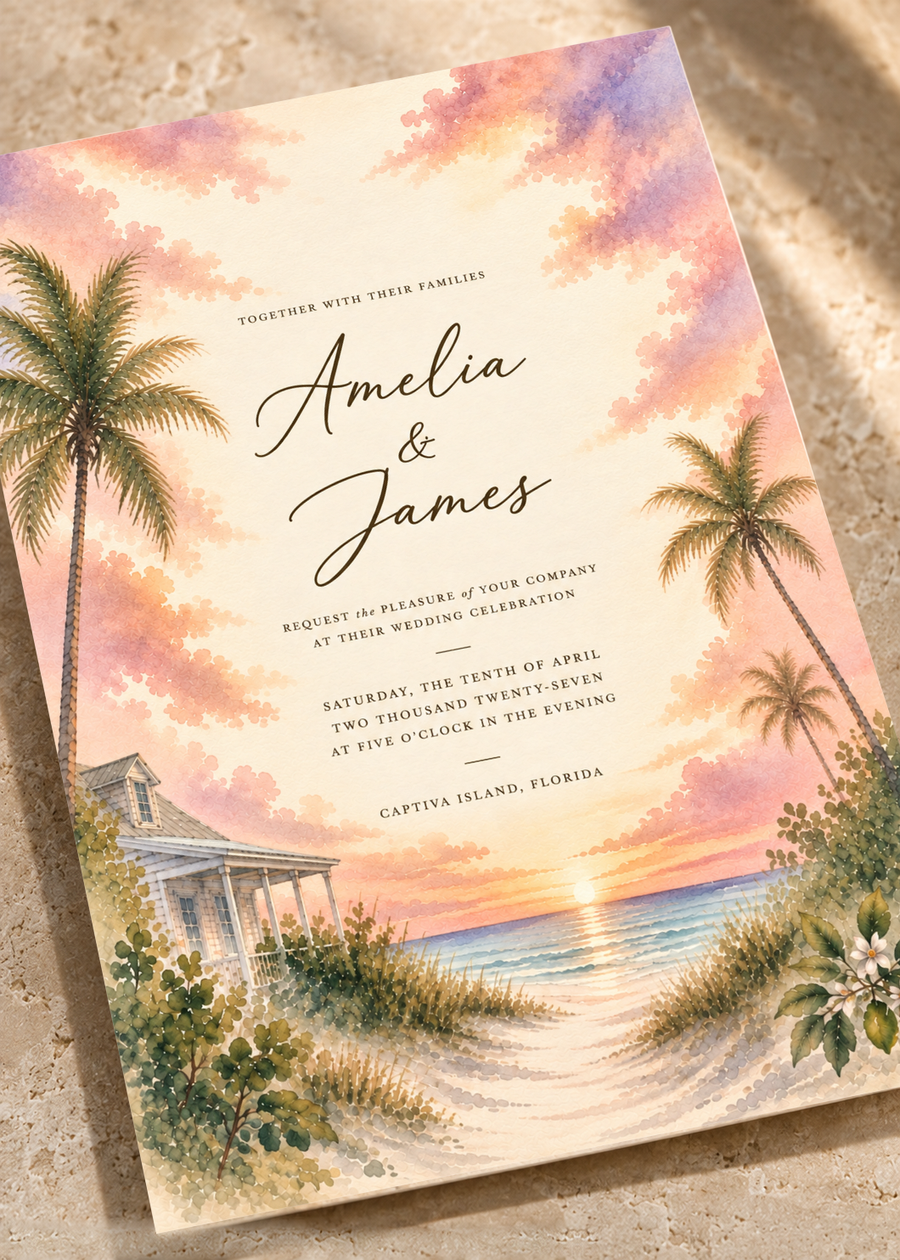 Captiva Island watercolor wedding invitation by Flutter Society Customs