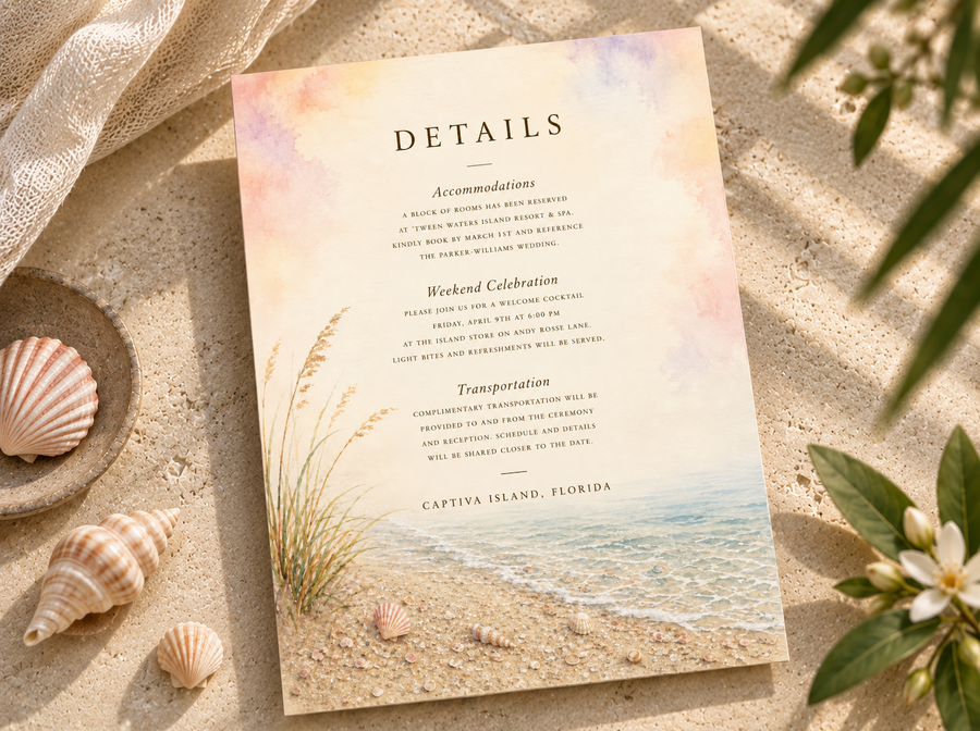 Captiva Island watercolor wedding details card by Flutter Society Customs