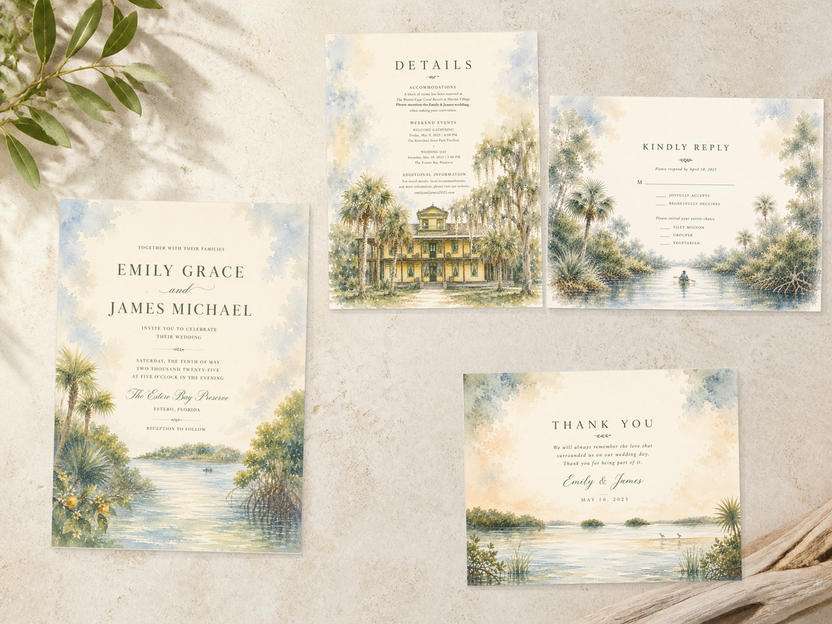 Estero watercolor wedding stationery suite by Flutter Society Customs