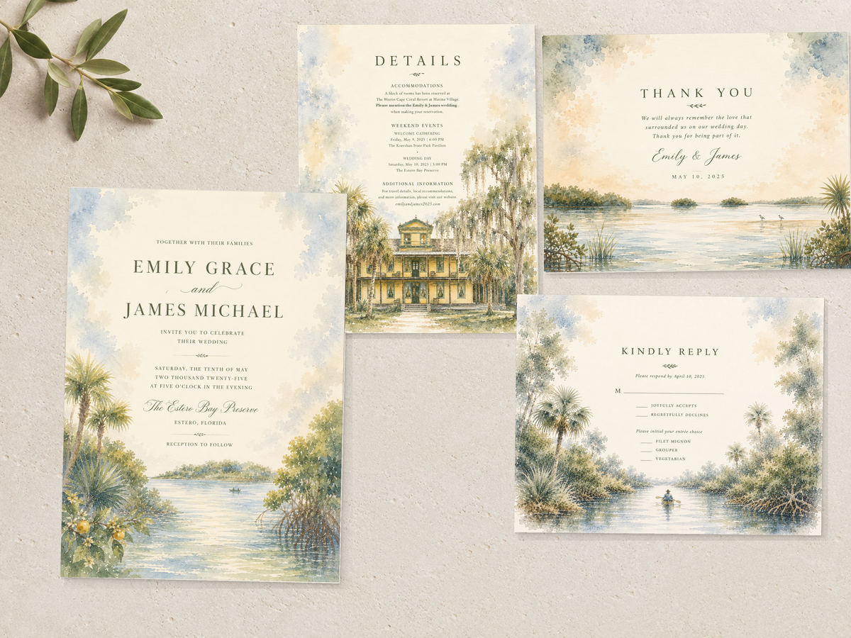 Estero dimensional watercolor wedding stationery suite by Flutter Society Customs