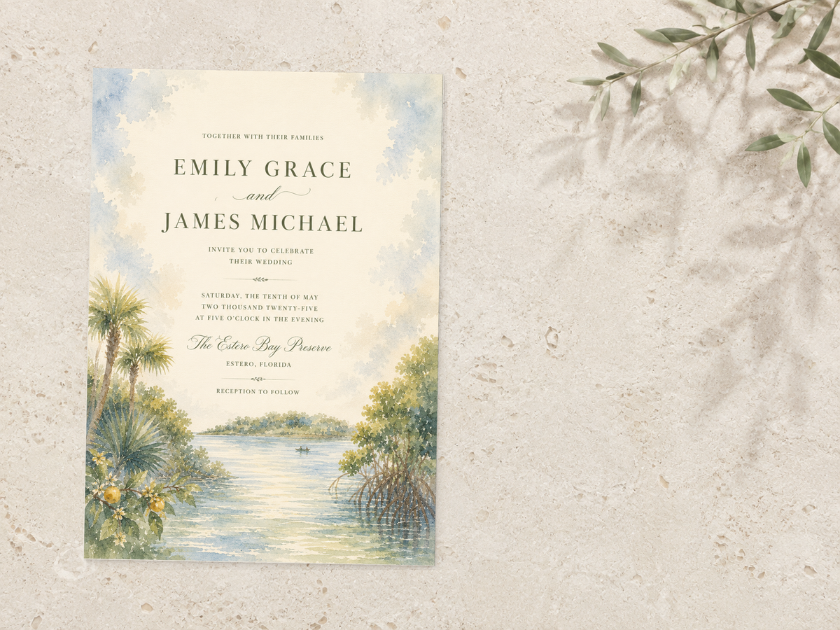 Estero watercolor wedding invitation by Flutter Society Customs