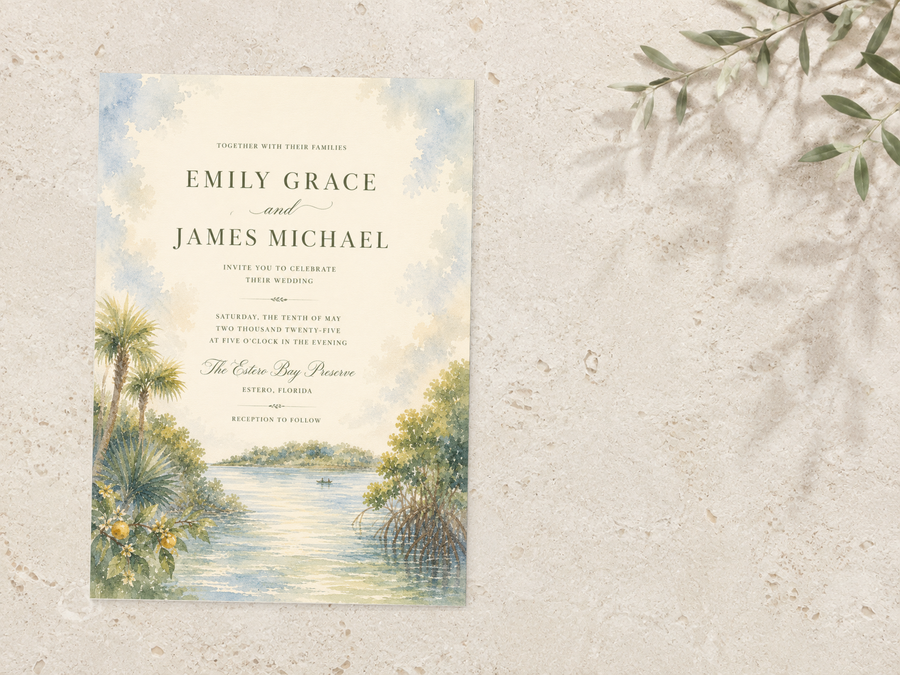 Estero watercolor wedding invitation by Flutter Society Customs