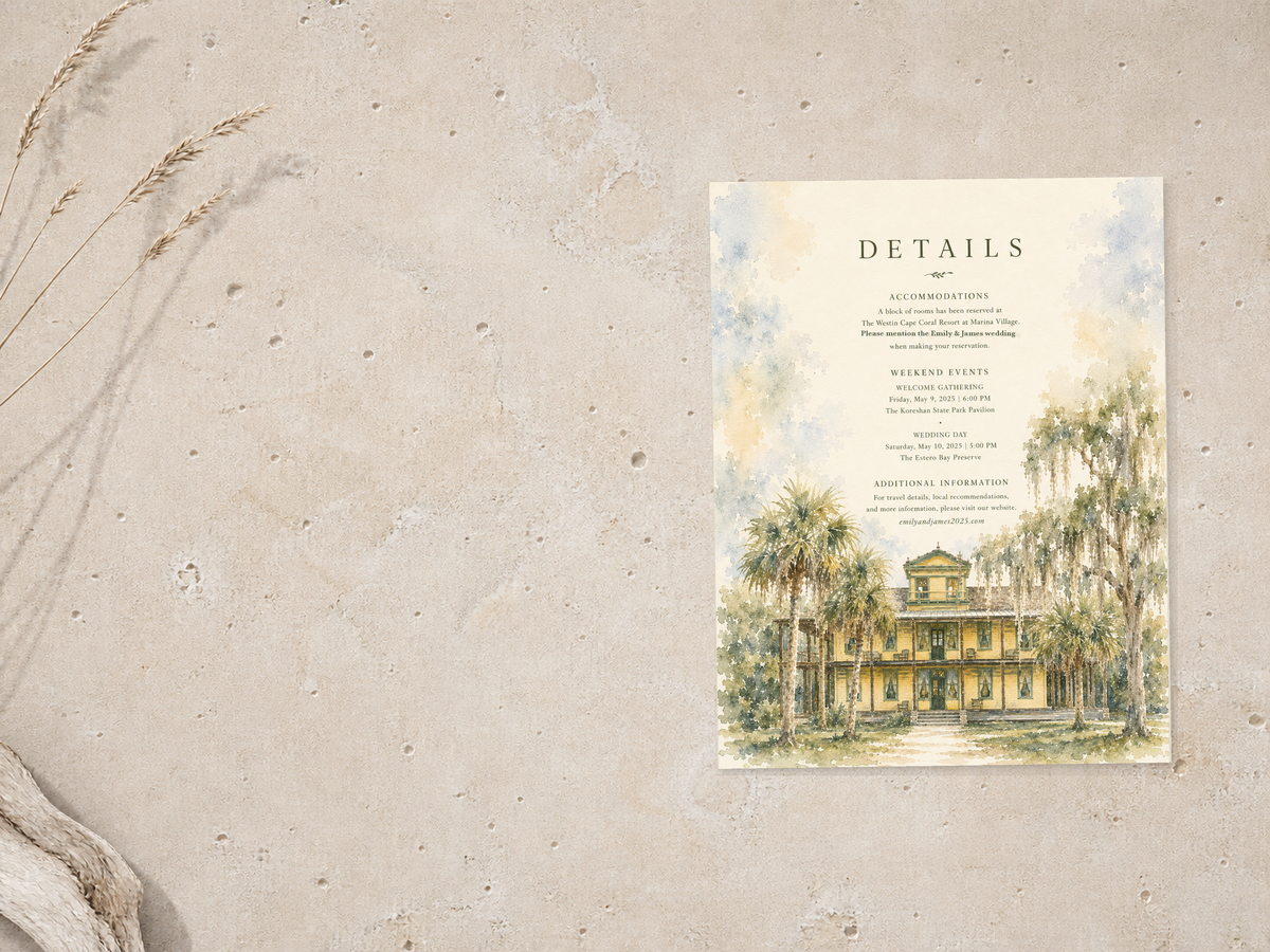 Estero watercolor wedding details card by Flutter Society Customs