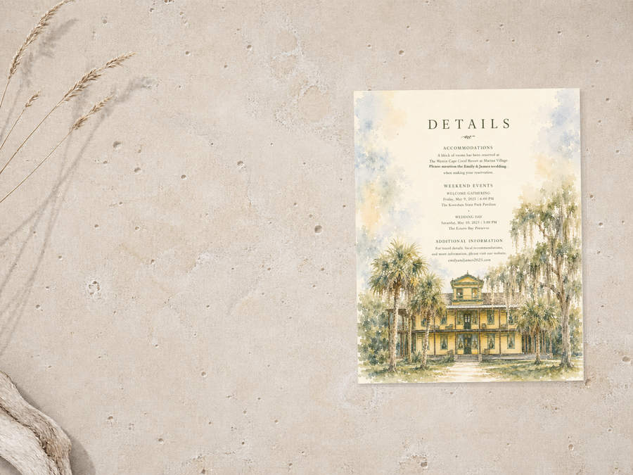 Estero watercolor wedding details card by Flutter Society Customs