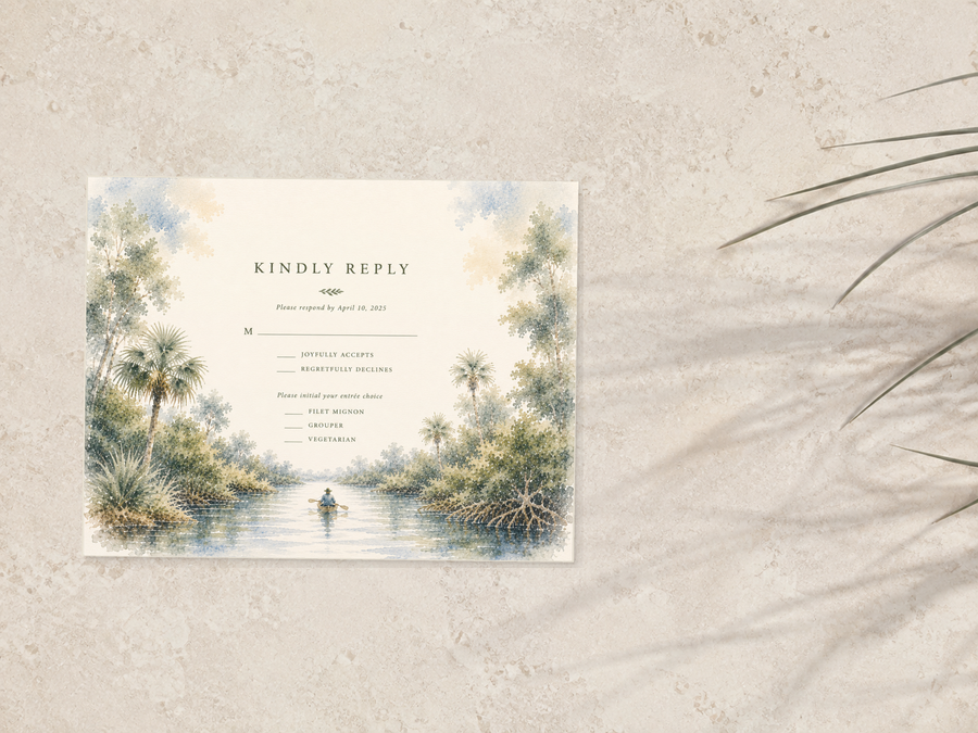 Estero watercolor wedding RSVP card by Flutter Society Customs