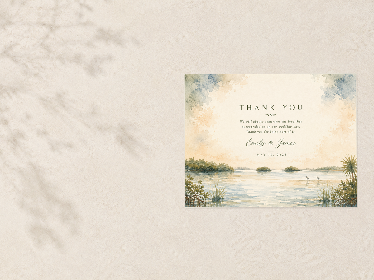 Estero watercolor wedding thank you card by Flutter Society Customs