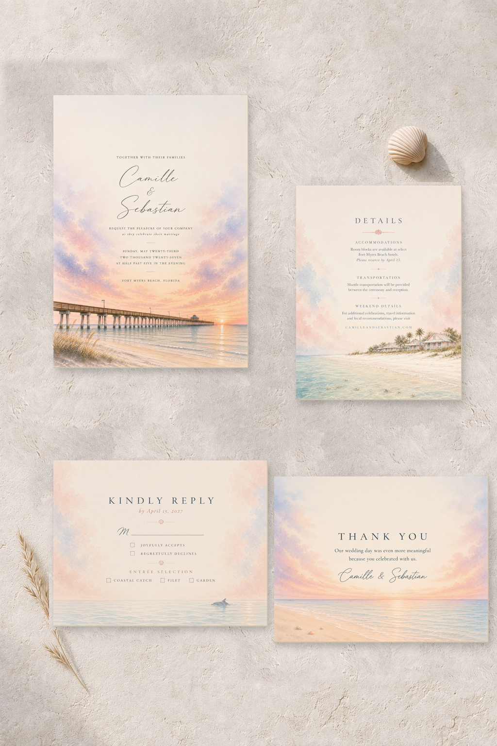Fort Myers Beach watercolor wedding stationery suite by Flutter Society Customs