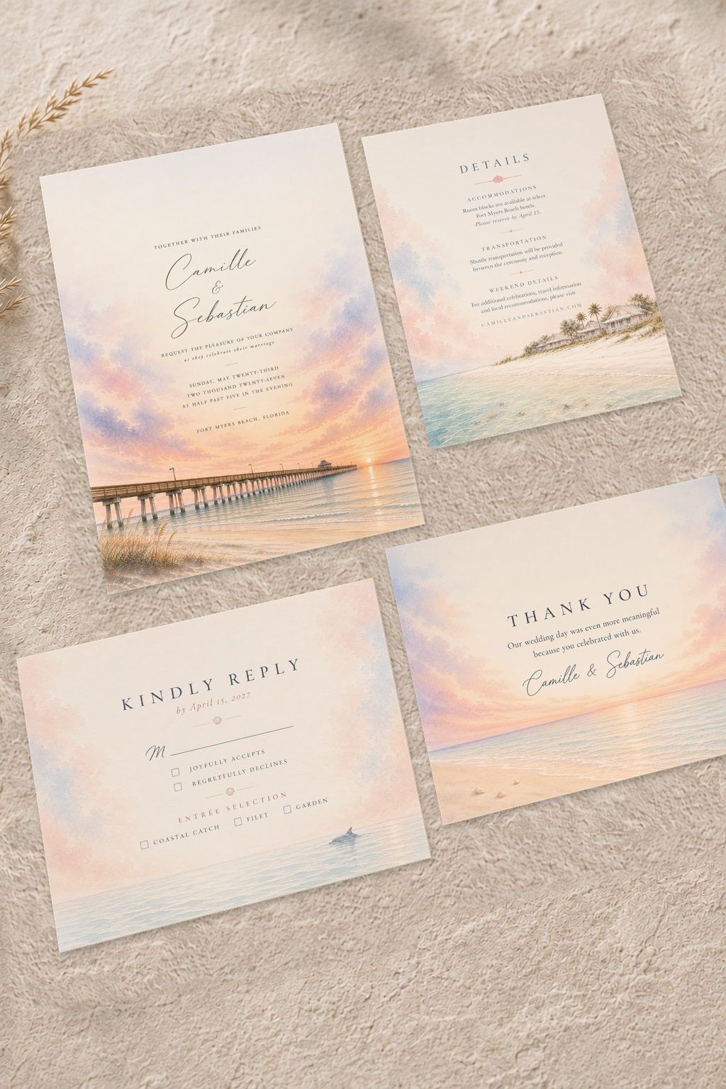 Fort Myers Beach dimensional watercolor wedding stationery suite by Flutter Society Customs