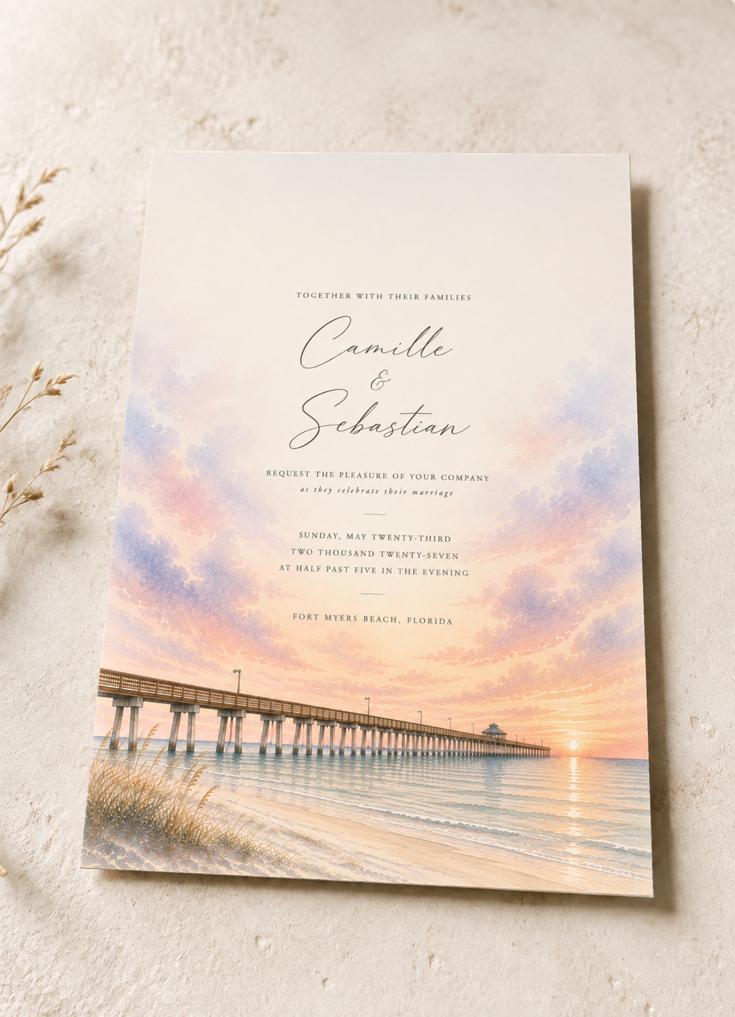Fort Myers Beach watercolor wedding invitation by Flutter Society Customs