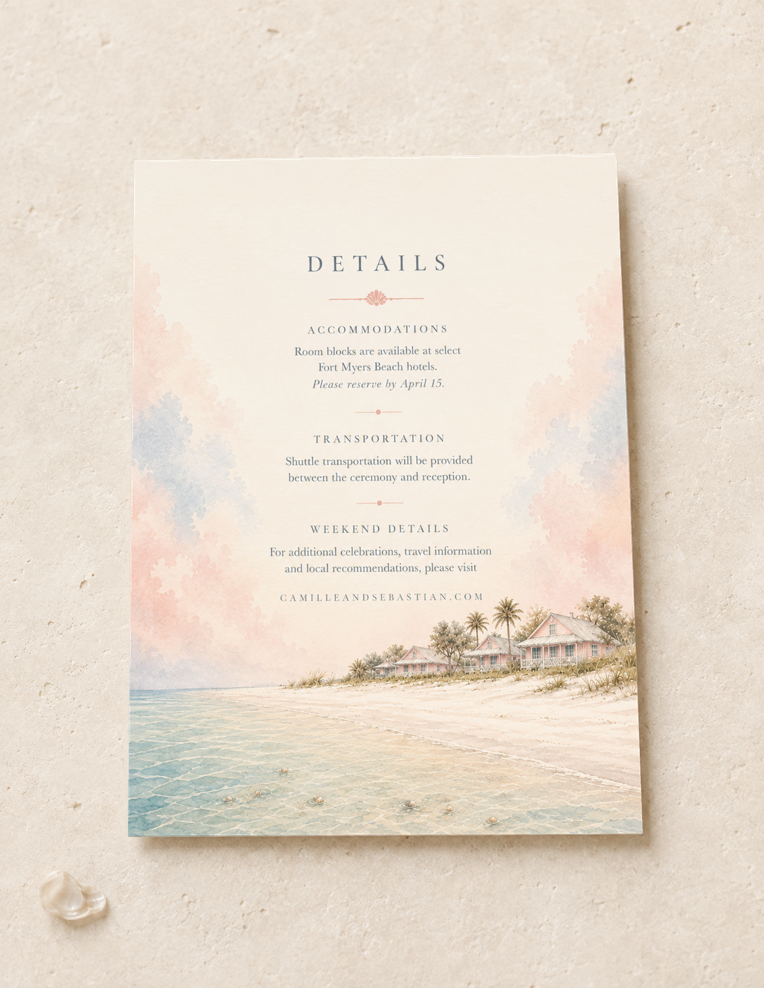 Fort Myers Beach watercolor wedding details card by Flutter Society Customs