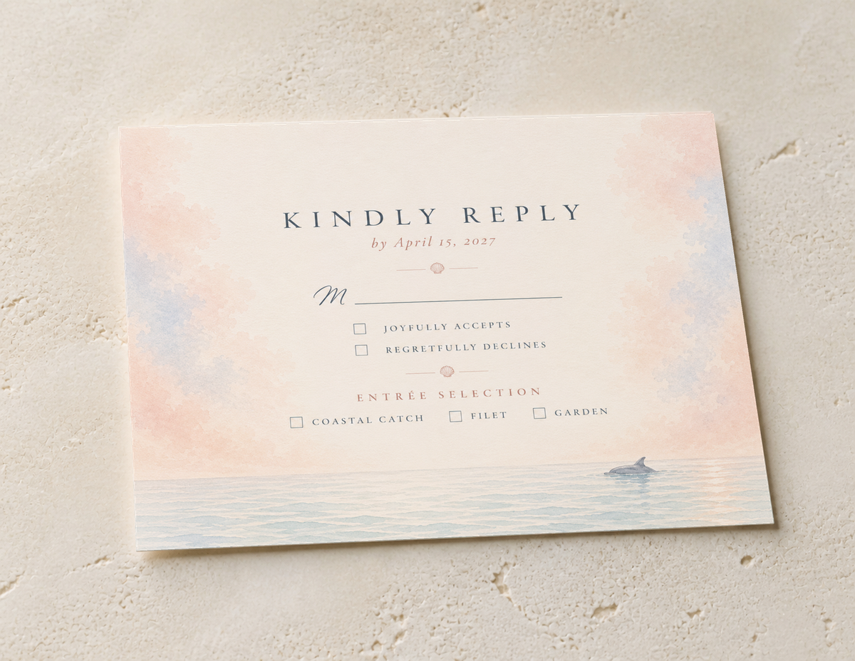 Fort Myers Beach watercolor wedding RSVP card by Flutter Society Customs