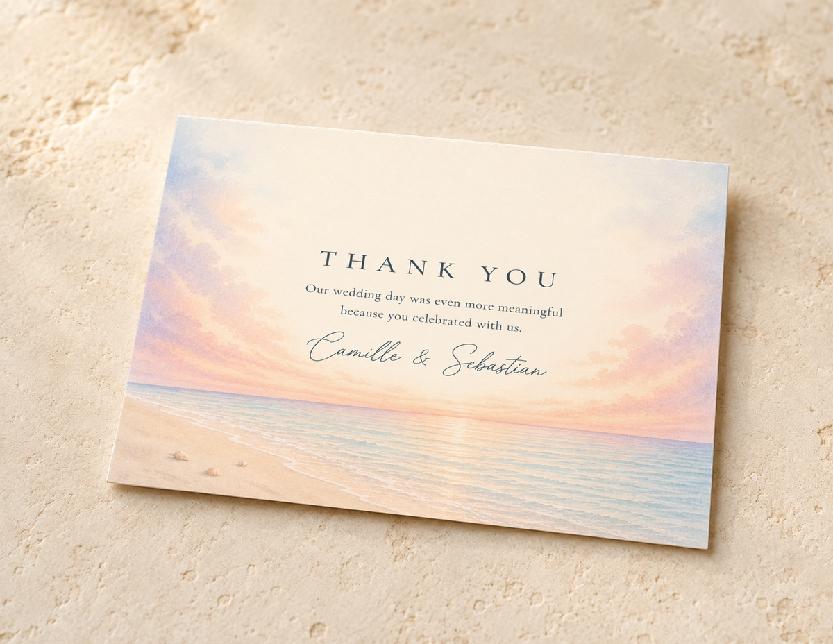 Fort Myers Beach watercolor wedding thank you card by Flutter Society Customs