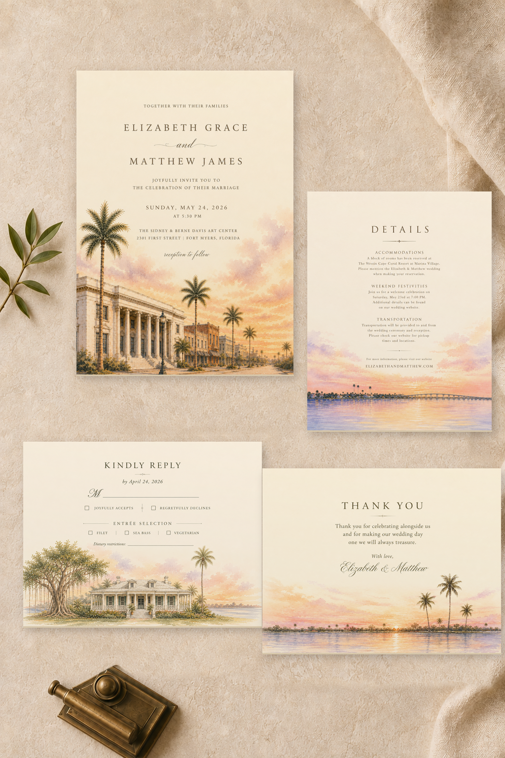 Fort Myers watercolor wedding stationery suite by Flutter Society Customs