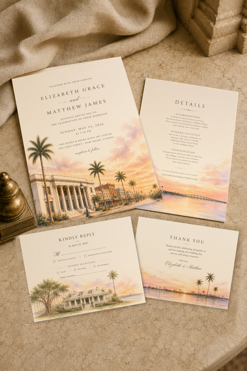 Fort Myers dimensional watercolor wedding stationery suite by Flutter Society Customs