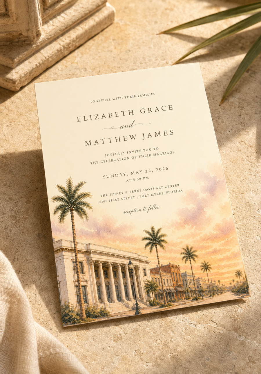 Fort Myers watercolor wedding invitation by Flutter Society Customs