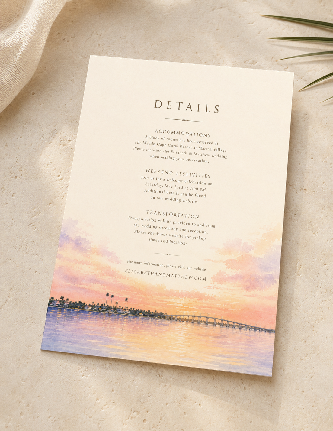 Fort Myers watercolor wedding details card by Flutter Society Customs