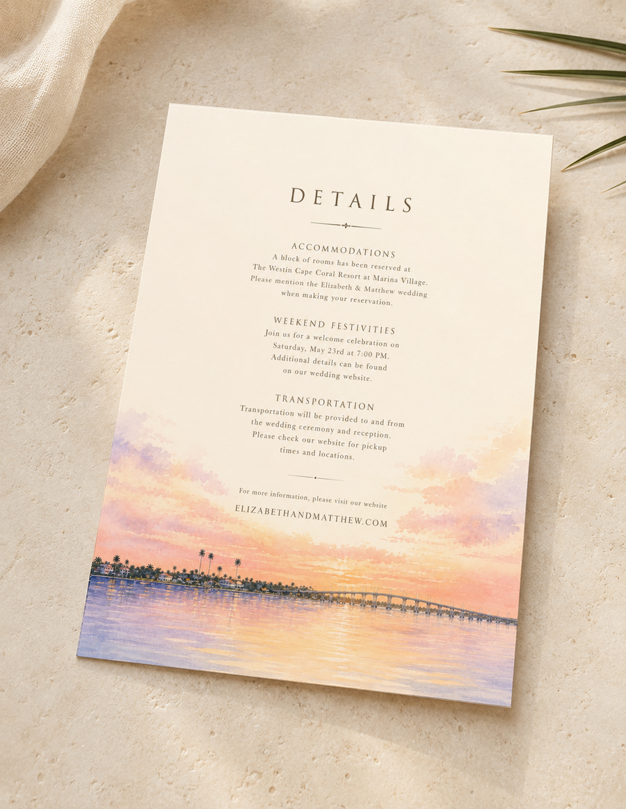 Fort Myers watercolor wedding details card by Flutter Society Customs