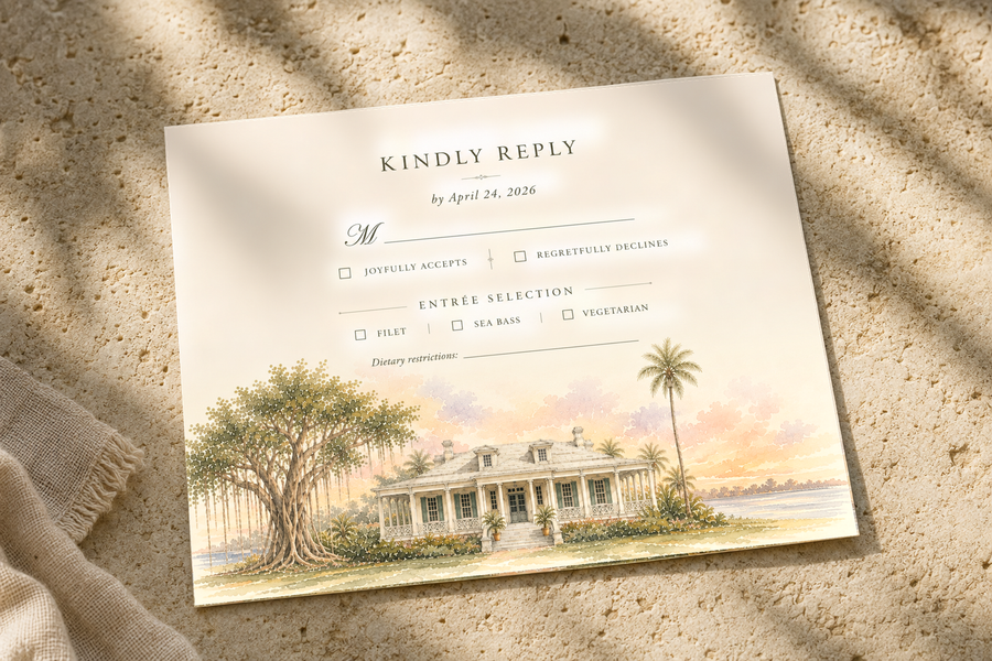 Fort Myers watercolor wedding RSVP card by Flutter Society Customs