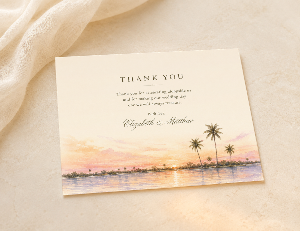 Fort Myers watercolor wedding thank you card by Flutter Society Customs
