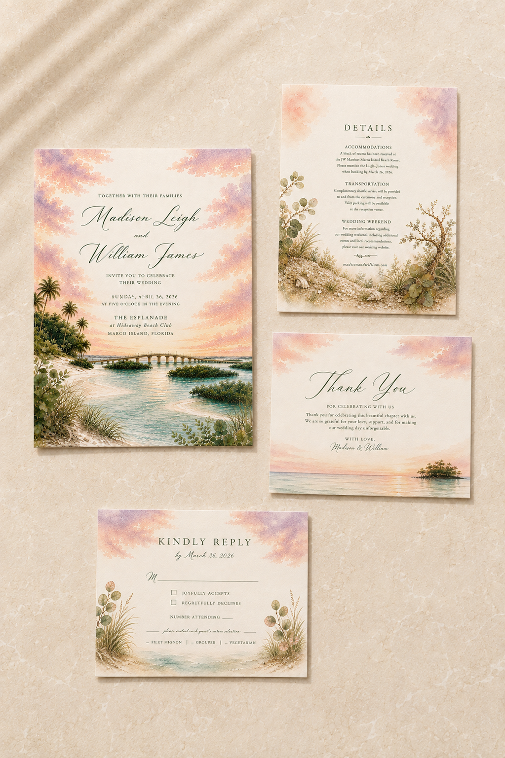 Marco Island watercolor complete wedding stationery suite