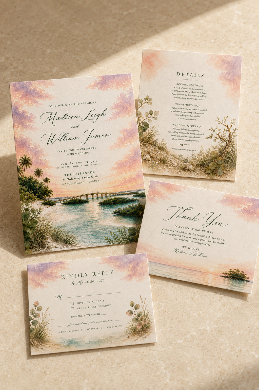 Marco Island dimensional watercolor wedding stationery suite by Flutter Society Customs