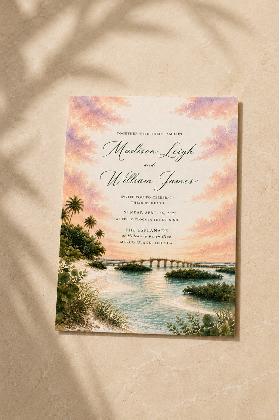 Marco Island watercolor wedding invitation by Flutter Society Customs