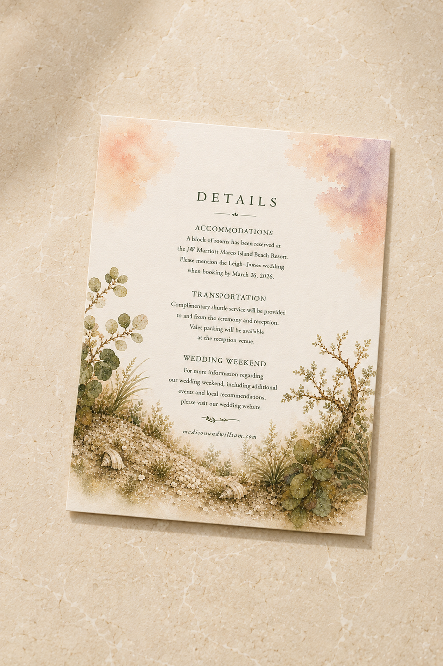 Marco Island watercolor wedding details card by Flutter Society Customs