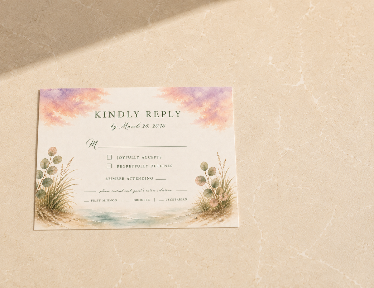 Marco Island watercolor wedding RSVP card by Flutter Society Customs