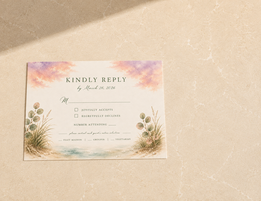 Marco Island watercolor wedding RSVP card by Flutter Society Customs